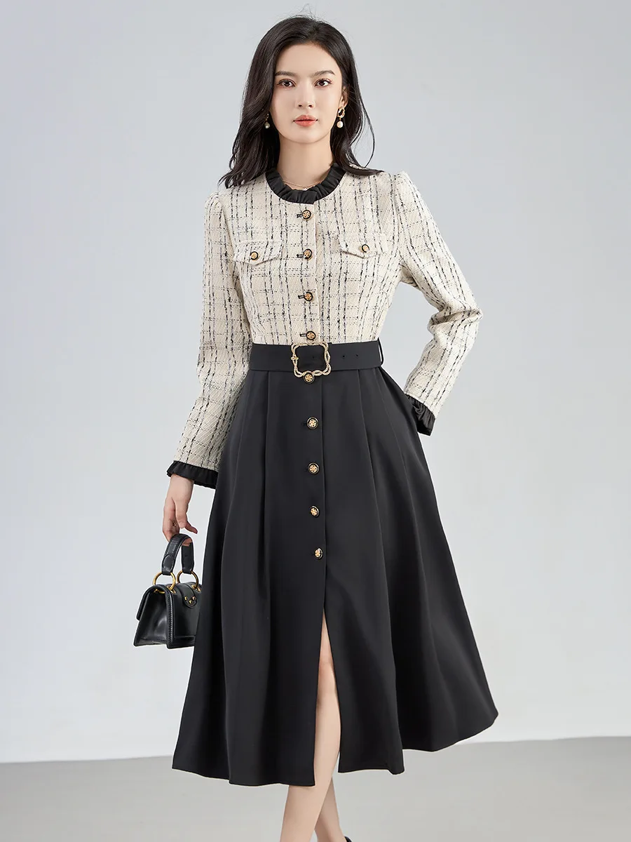 ZJYT Autumn Winter Designer Plaid Tweed Patchwork Midi Dresses Women Fashion Vintage Long Sleeve Elegant Dress Vestidos Feminino