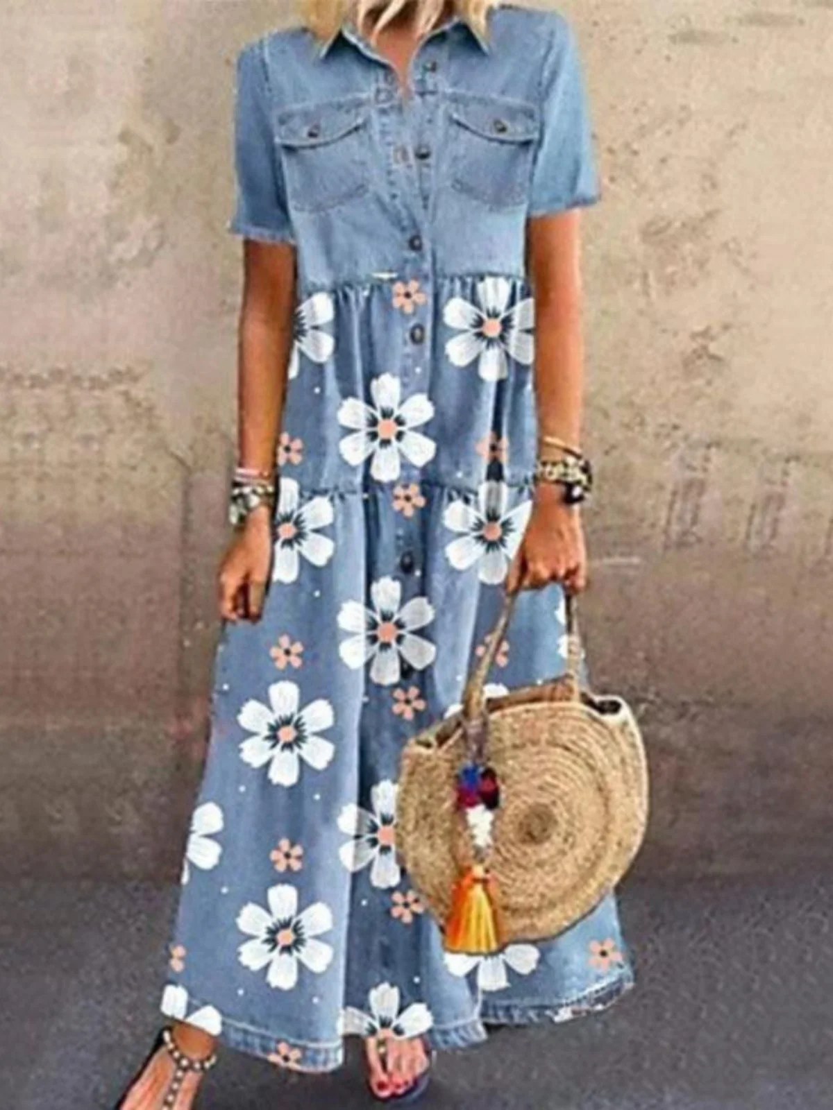 

Street Sle Multi-Button Collared ort Sve irt Dr Mid-Length Straight Cut Women's Faion Spring Collection