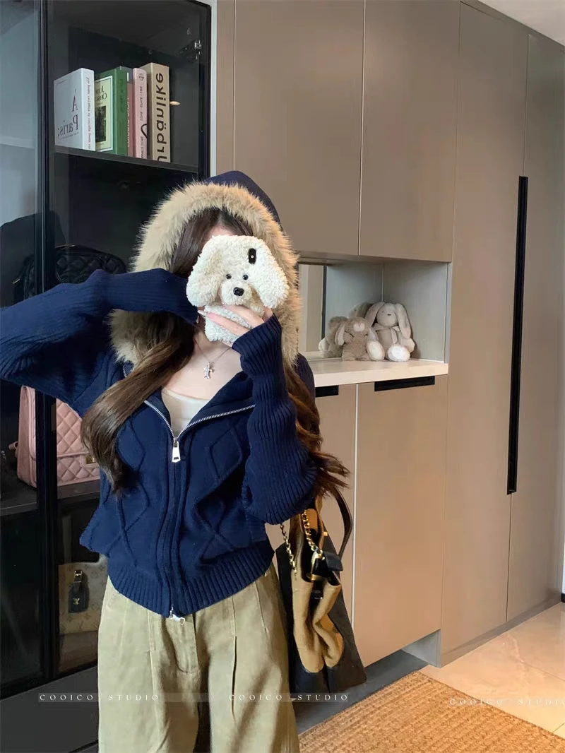 

Women's Autumn Winter Faux Fur Trim Hooded Slim Cardigan Lady Casual Solid Color Zip Up Long Sleeve Basic Cardigan Outwear