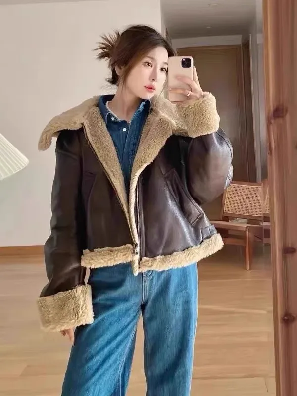 على الوجهين دراجة نارية Sle Jaet معطف تخفيف سلسلة وهمية الفراء ياقة جلدية المرأة فضفاضة تناسب طويلة Sve سستة لون نقي
