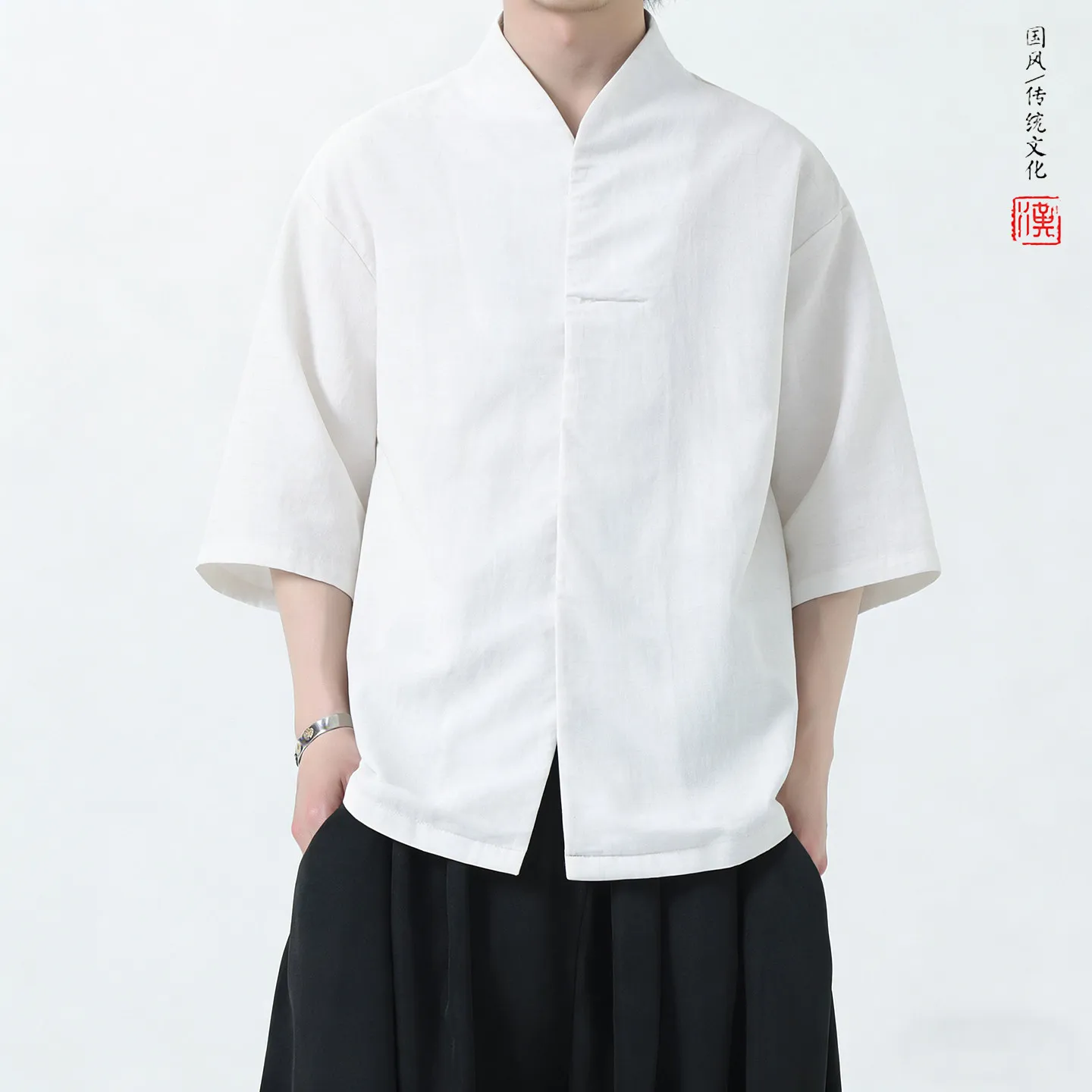 

Men New Chinese Style Short Sleeve Shirt Traditional V Neck Hanfu Shirt Man Lightweight Breathable Casual Top Summer Daily Wear