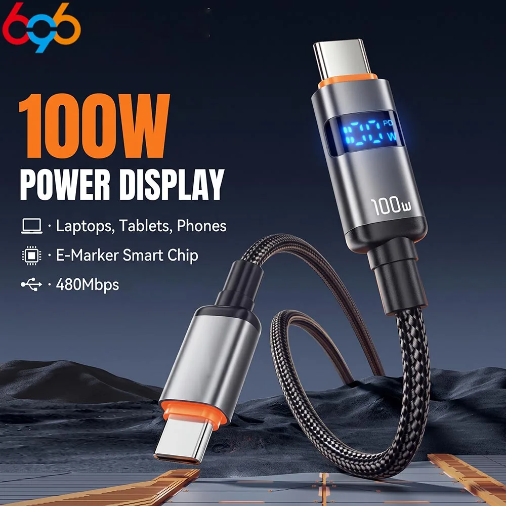 100W PD Fast Charging Display Cable USB‑C to Type‑C Cord for Xiaomi 14 MacBook Pro, iPad and Huawei Devices