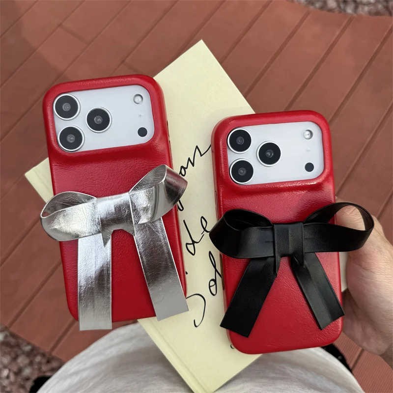 

Fashion Red Leather Cute 3D Bowknot Phone Case For iPhone 17 Pro 16 14 15 Pro Max Back Cover Shockproof Lovely Protective Cases