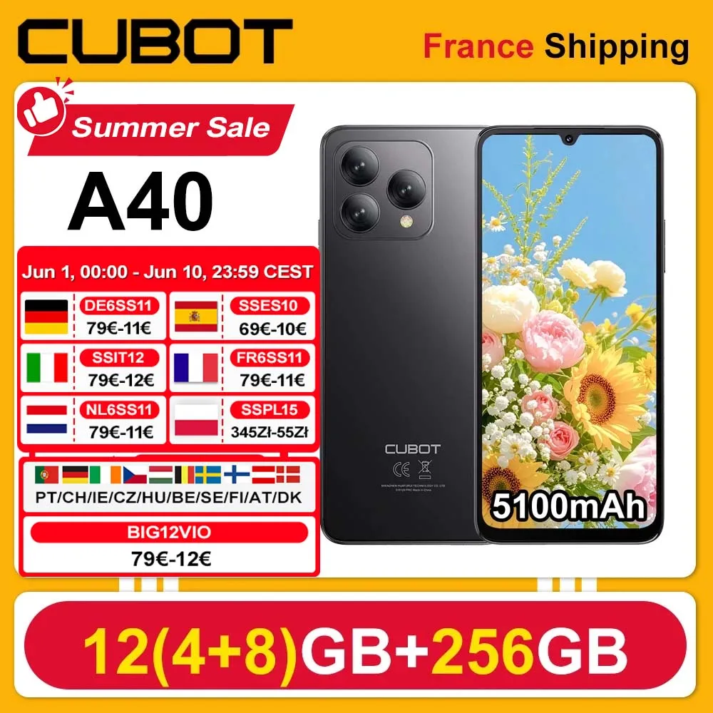 Cubot A40 Smartphone Android 15 12 GB(4 + 8 )+ 256 GB 6,88'' 120Hz 5100 mAh NFC/GPS Reconnaissance Faciale 4G Telephone Portable IPS