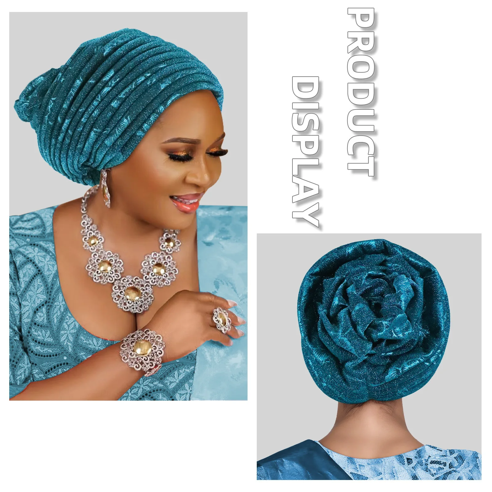 

Fashion Full Body Pleated African Headpiece Muslim Headscarf Hat Glitter Turban Cap for Women Head Wraps Hijab Auto Gele Headtie