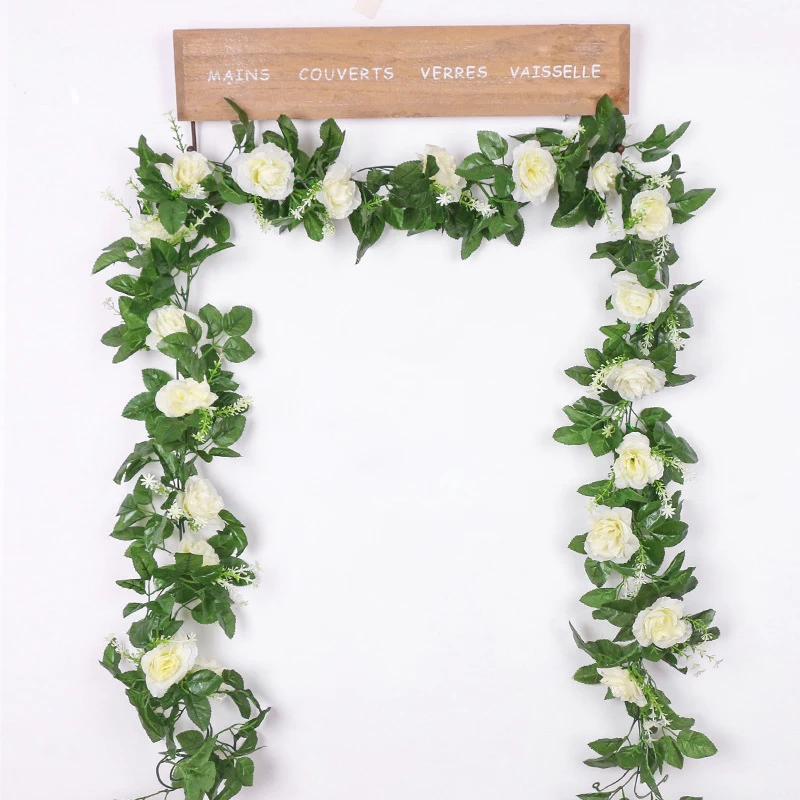 Rose Vine Artificial White Flower For Wedding Hanging Garland Fake Plants Leaves Flowers Arch Draping Garden Outdoor Decoration