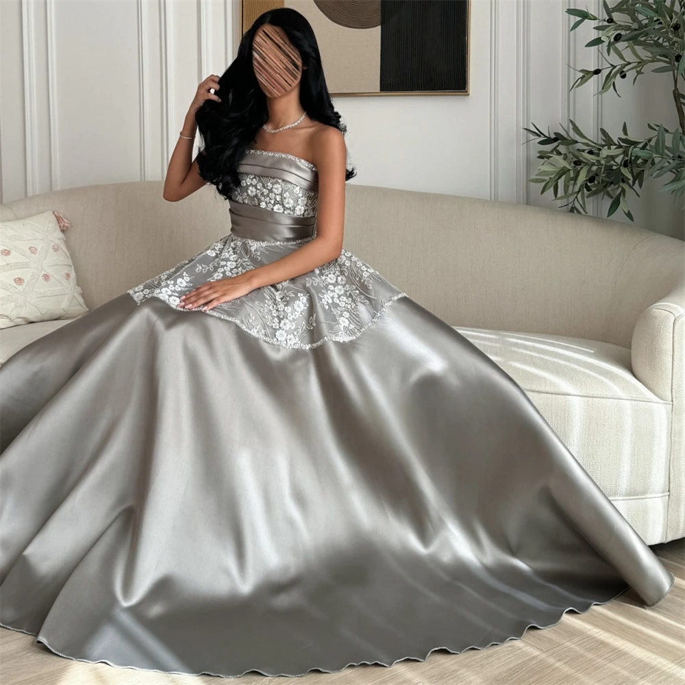 Customized Evening Dress Formal Saudi Arabia Strapless A-line Floor Length Lace Skirts Bespoke Occasion Dresses Prom Gown