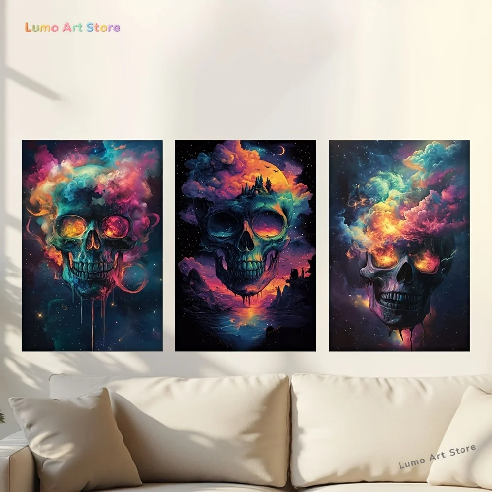 3pcs/set, Canvas painting--Unframed, Charming colorful retro flaming skull, Artist's drawing, library, office, living room, b