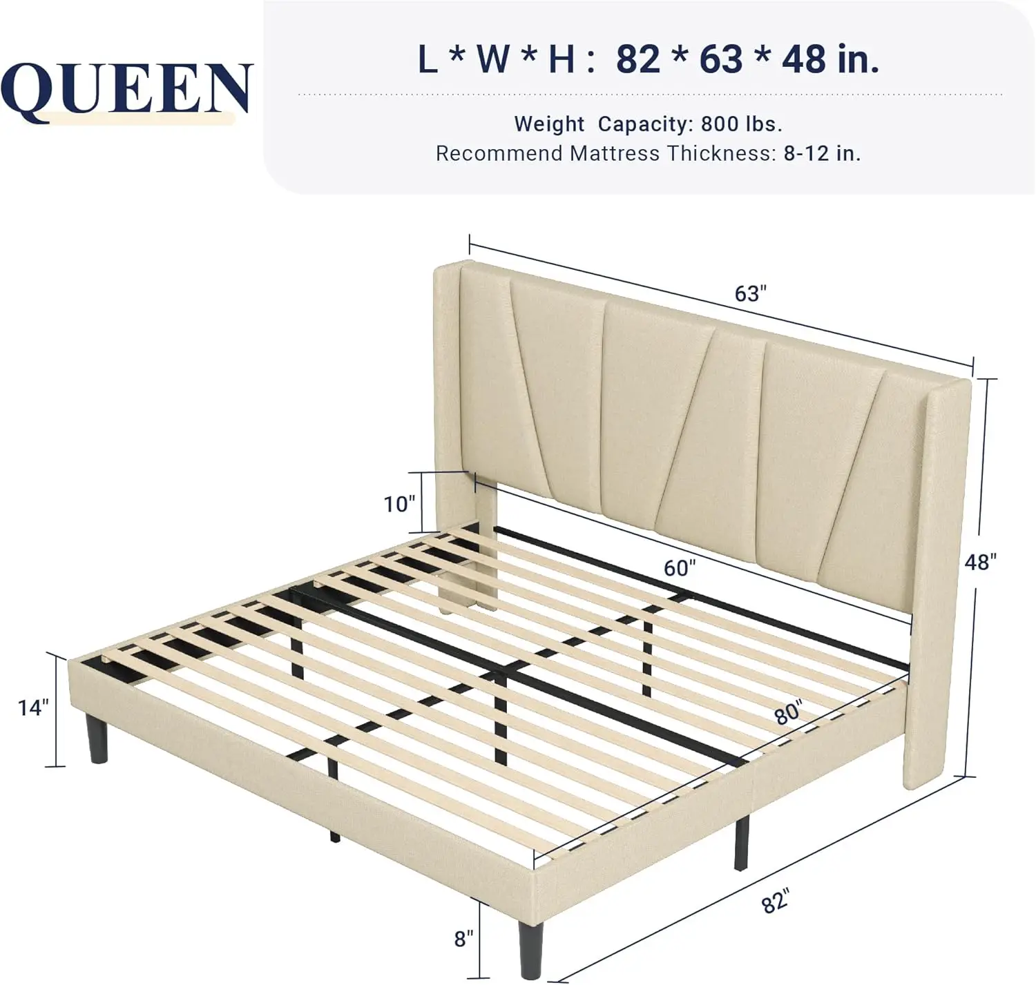 Allewie Queen Size Platform Bed Frame With Geometric Wingback Headboard, Modern Upholstered Bed With Wooden Slats Support, No