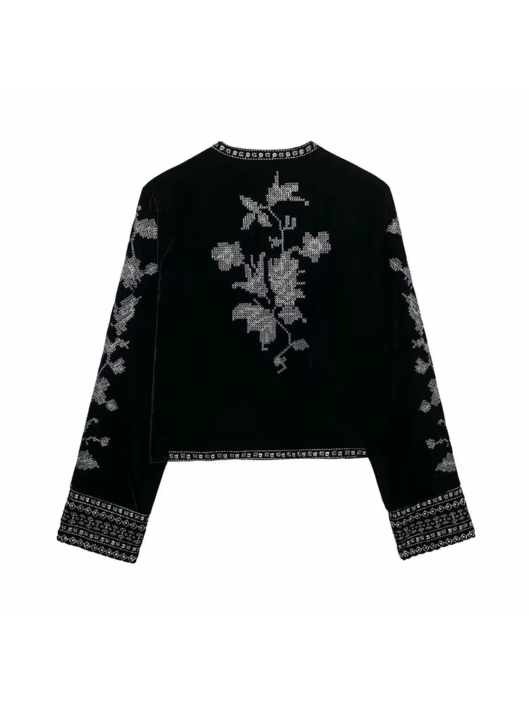 Wanita 2025 Musim Gugur Vintage Kerah O Bordir Geometris Floral Mantel Beludru Pendek Wanita Karir Lengan Panjang Jaket Luaran Atasan