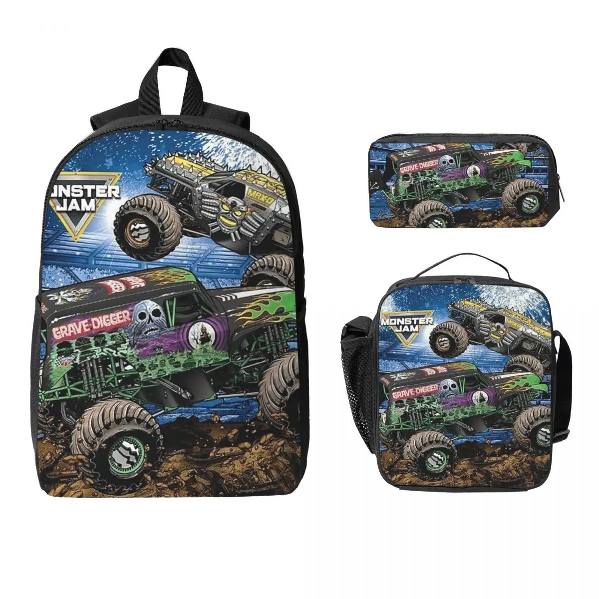 

Классический рюкзак Monster Jam Truck с узором для мальчиков и девочек, школьная сумка, сумки на плечо для ноутбука, 3 шт., изолированная сумка для обеда, пенал