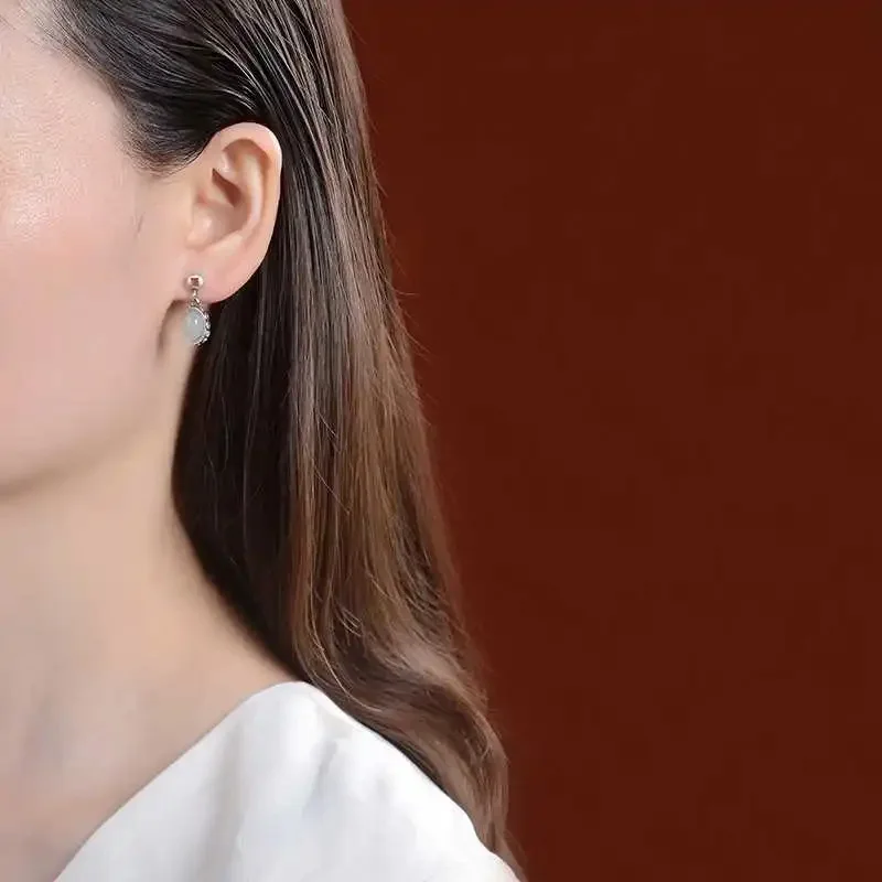 خمر Yuanbao الفضة 925 التصميم الكلاسيكي الطبيعي Hotan اليشم الأبيض النحاس عملة سحر أقراط امرأة خواتم مجموعات مجوهرات