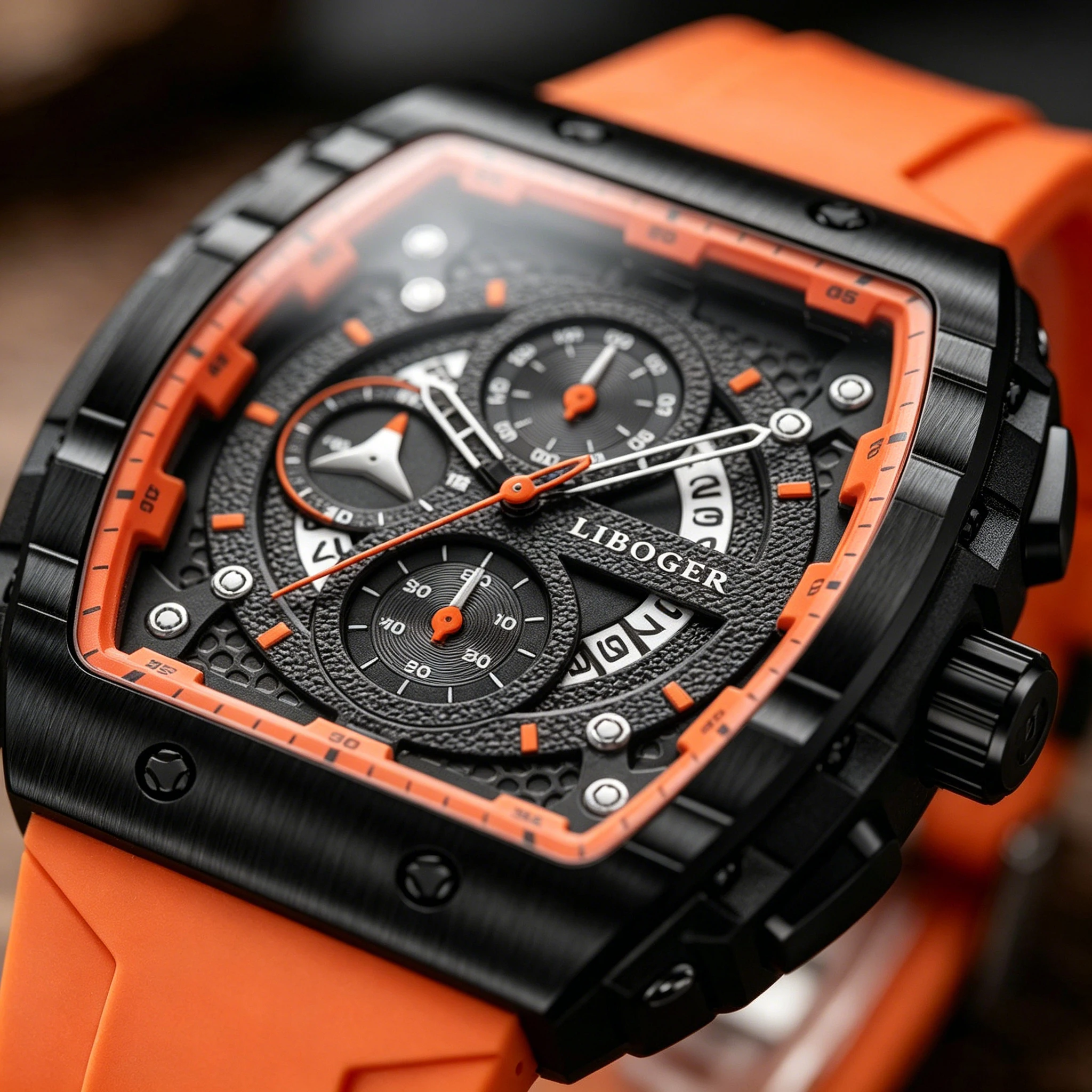 Luxury Tonneau Barrel Shape Mens Sport Quartz Watch, Chronograph Function Soft Silicone Band Skeleton Dial Fashion Wrist Watch