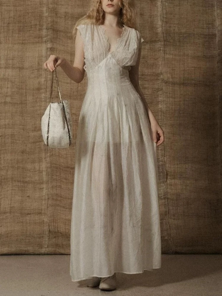 Sexy V Neck Embroidery Hollow Out Long Dress Women Sleeveless Patchwork Slim A-line Dresses Elegant Evening Party Gowns