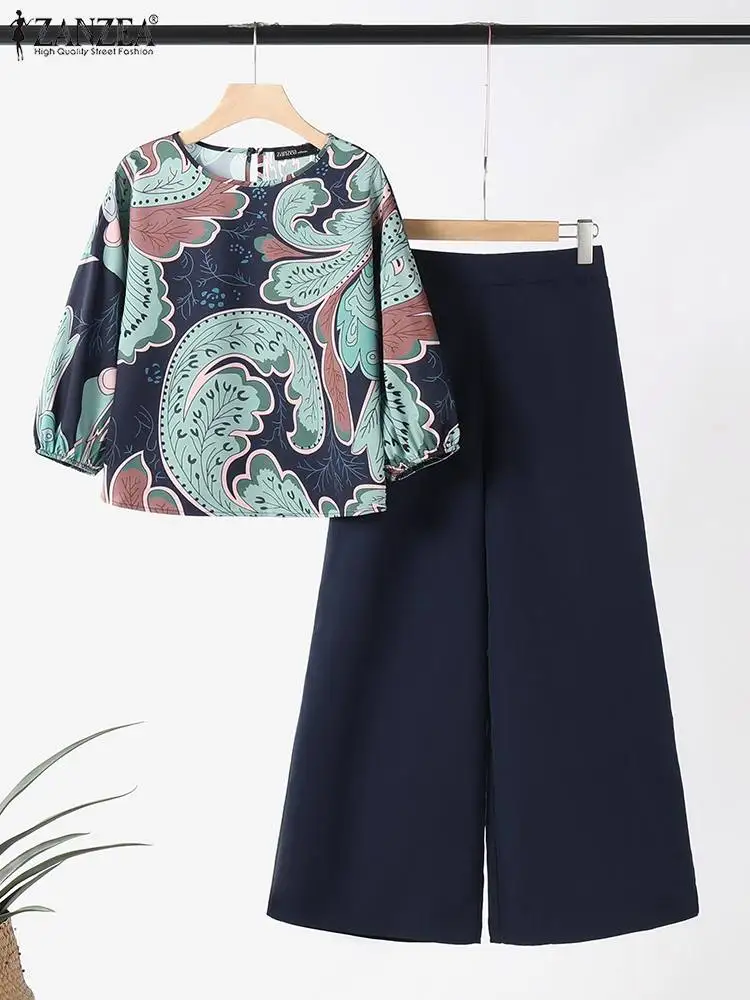 2024 Summer Floral Print Suit ZANZEA Women 3/4 Sleeve Blouse Wide Leg Pant Sets Stylish Tracksuits Fashion Loose Matching Sets