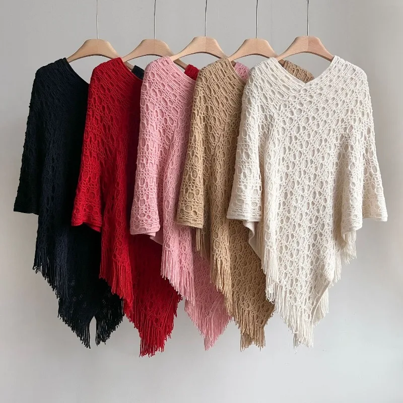 

Весенне-осенний вязаный кардиган-чонсам с ажурным узором, новый стиль, винтажное белое пальто с бахромой, модная накидка-шаль