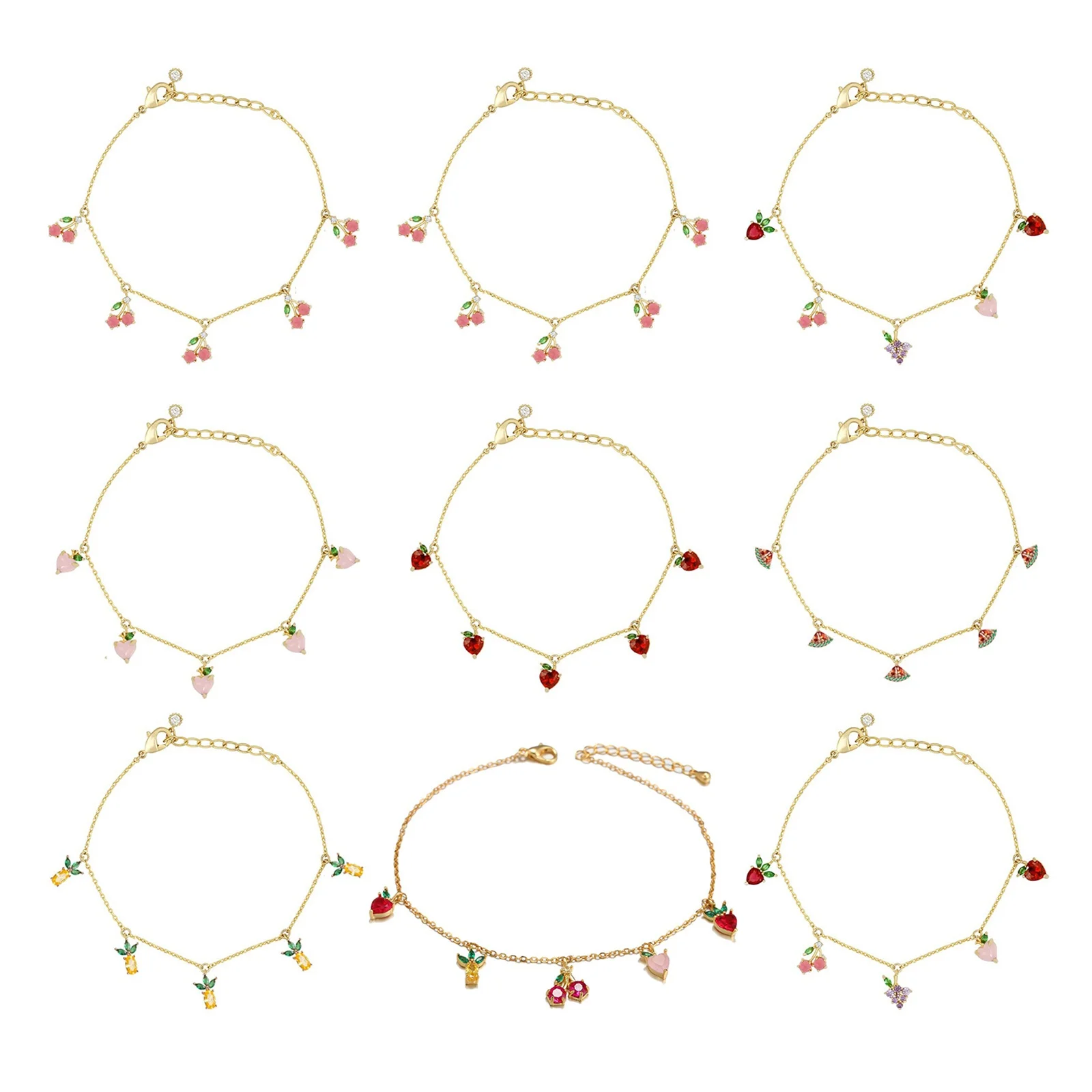 

1 Piece INS Colored Fruit Anklet Grape Peach Cubic Zirconia Brass 18K Gold Plated Foot Chain For Women Beach Gifts 22cm+3cm Long