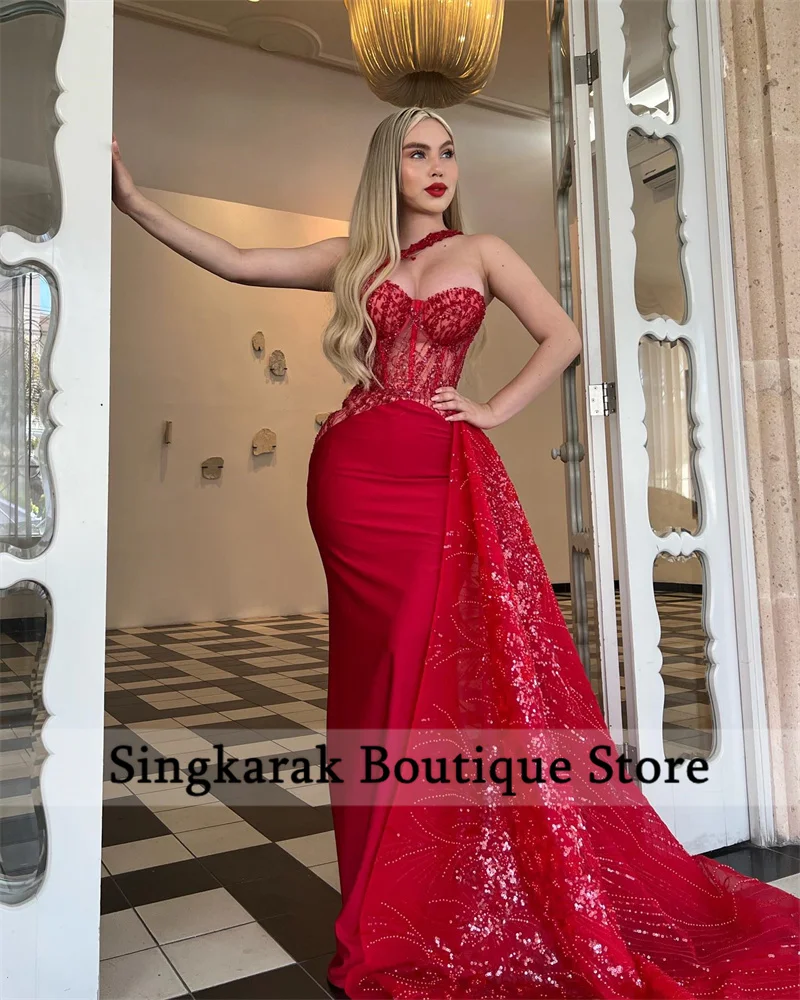 Arabic Red Evening Dresses Sexy Side Train Glitter Beading Sequins Wedding Party Banquet Dance Party Robes De Soirée  Customized