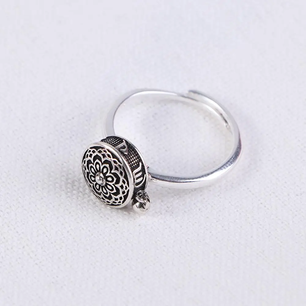 Vintage Six-character Mantra Metal Copper Heart Sutra Ring Men and Women Silver-plated Opening Rotatable Personality Ring