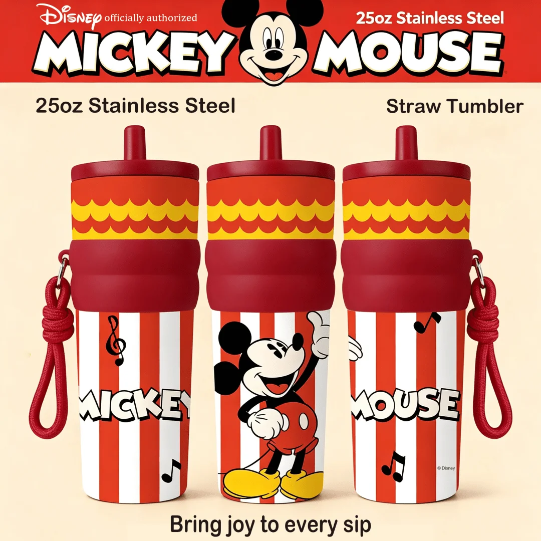 1pc 25oz Disney Mickey Mouse Stainless Steel Tumbler Insulated Travel Mug with Straw Hanging Rope Portable Cup for Car Outdoor