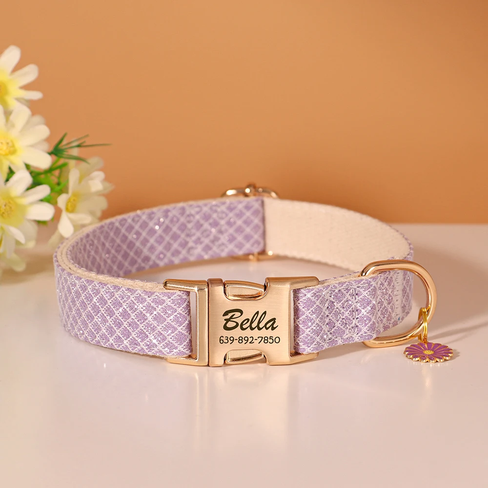 Benutzerdefiniertes Hundehalsband aus glitzerndem Nylon mit Blumenanhänger, kostenlose Gravur, Haustiername, Schnallenhalskette für kleine, mittelgroße und große Hunde – Detail 16
