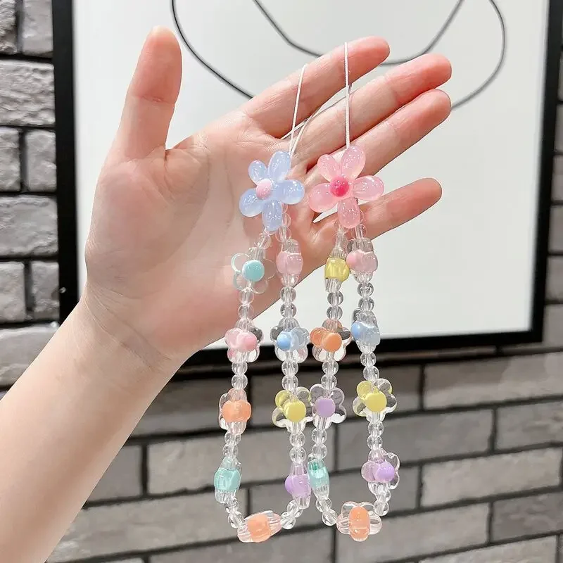 Charm Crystal Flower Beaded Phone Lanyard Wrist Strap Women Girls Fashion Cell Phone Chain For iPhone 11 12 13 14 Airpods Pro