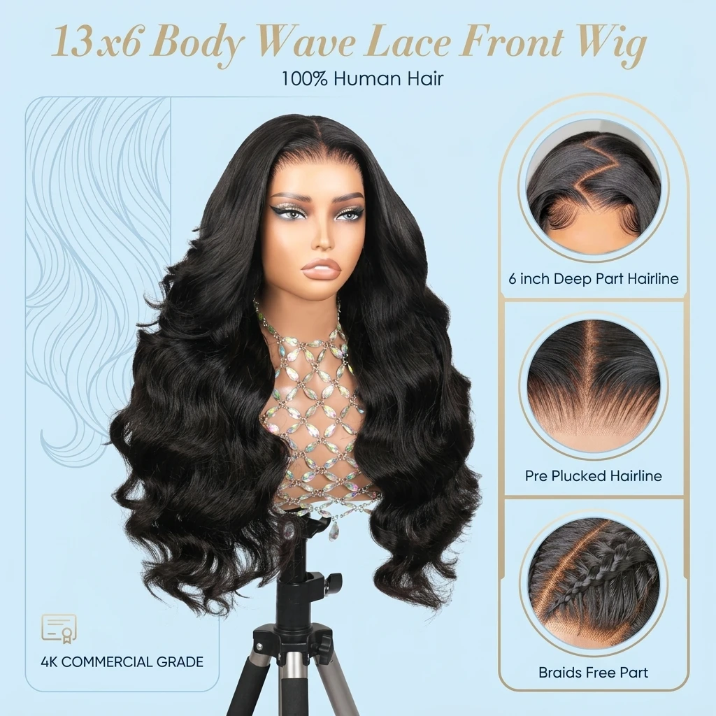 13x6 Body Wave Lace Front Wigs Human Hair Pre Plucked Pre Bleached 180 Density Soft Human Hair Wigs For Women 28 Inch HD Lace Frontal Wig With Baby Hair