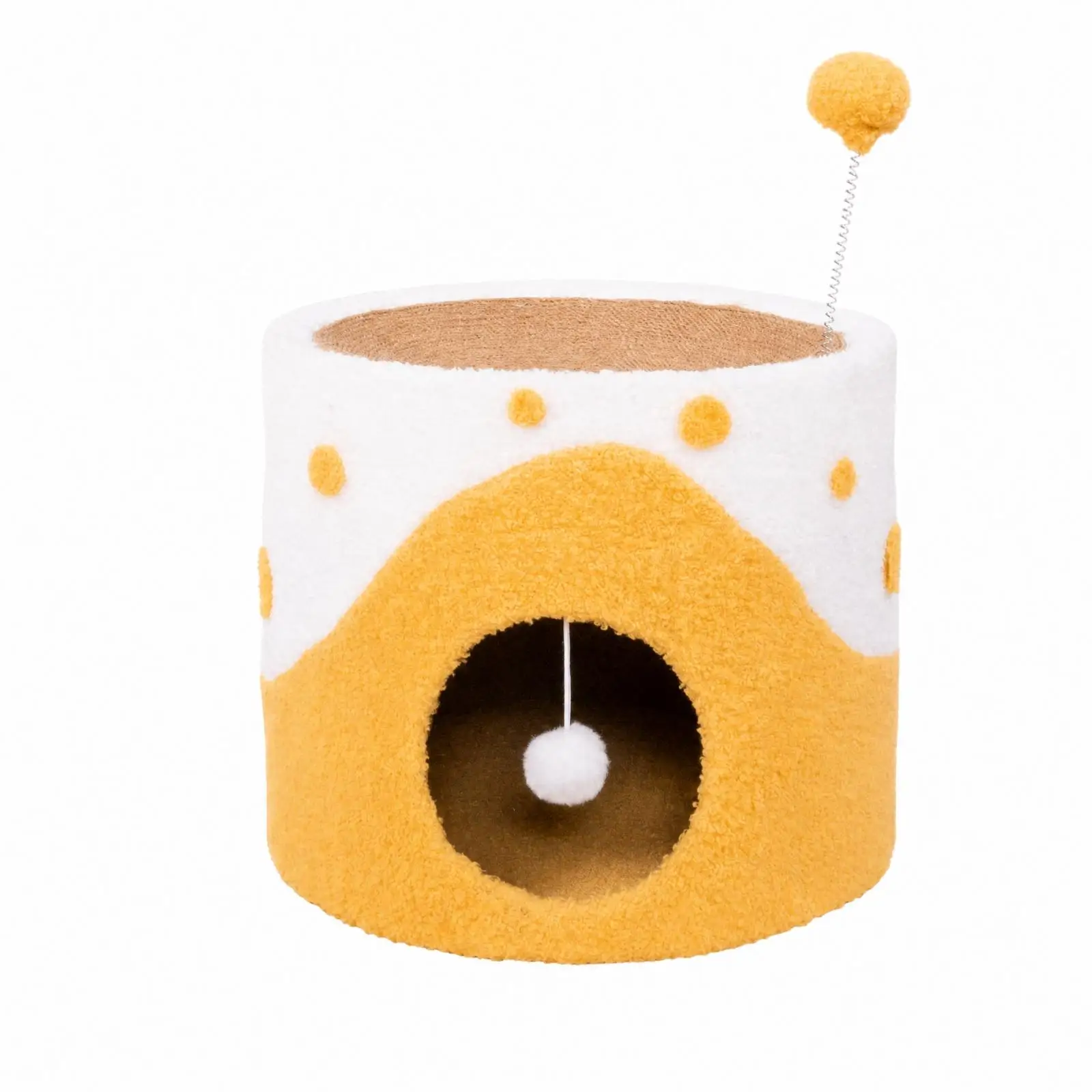 Soft Plush Cat Shelter Bed with Sisal Scratching Area and Dangling Toy for Interactive Play and Nap Time