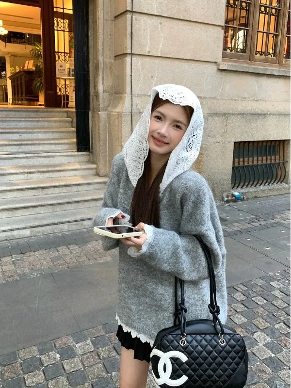 

Свободный вязаный топ с кружевными вставками и длинными рукавами, женский, весенний, новый, в корейском стиле, средней длины, молодежный, трикотажный