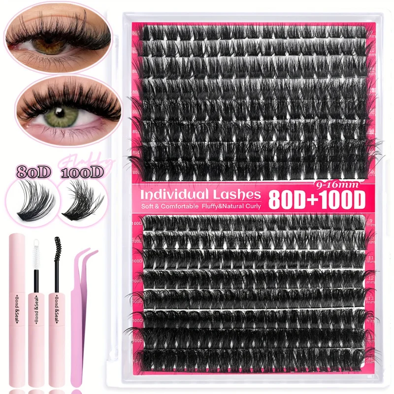 DIYまつげエクステキット - Dカール ふんわり＆ボリュームスタイル、ミックス長さ9-16mm、ボンド＆シールピンセット付きで再利用可能