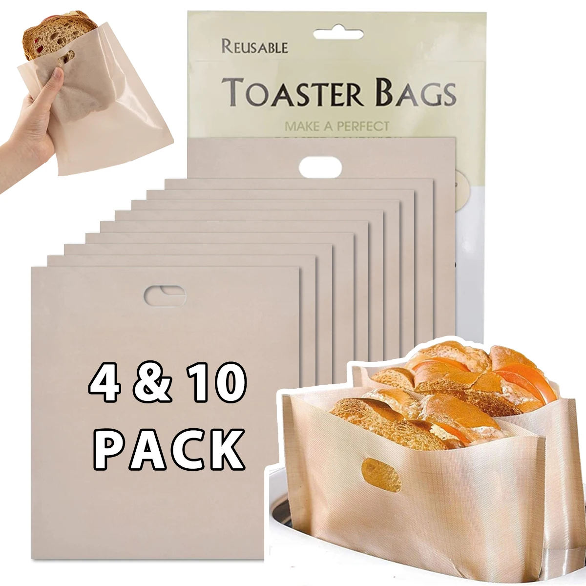 4/10PCS Toaster Bags, Reusable Non-Stick Washable and Heat Resistant, for Grilled Cheese Sandwiches in Toaster, Microwave Oven