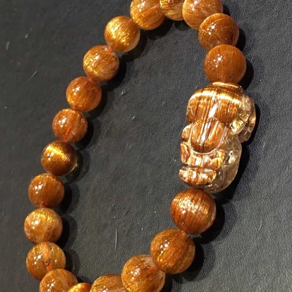 9MM Natural Copper Hair Quartz Pixiu Bead Bracelet Fashion Crystal Quartz Gemstone Jewelry Reiki Healing For Women Gift 1PCS