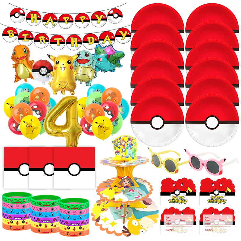 Pokemon Birthday Party Decoration Happy Birthday Decoration Pikachu Red Tableware Invitation Card Paper Plate Background Balloon