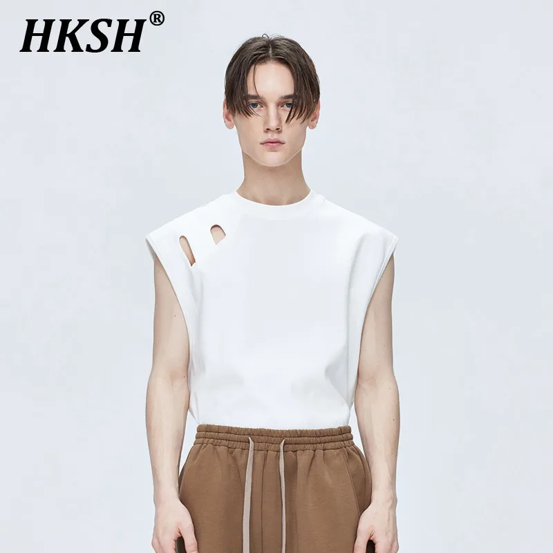 

HKSH Summer New Men's Tide Dark Sleeveless T-shirts Niche Design Loose Waistcoat Hollow Panel Tank Tops Punk Cotton Vest HK1310