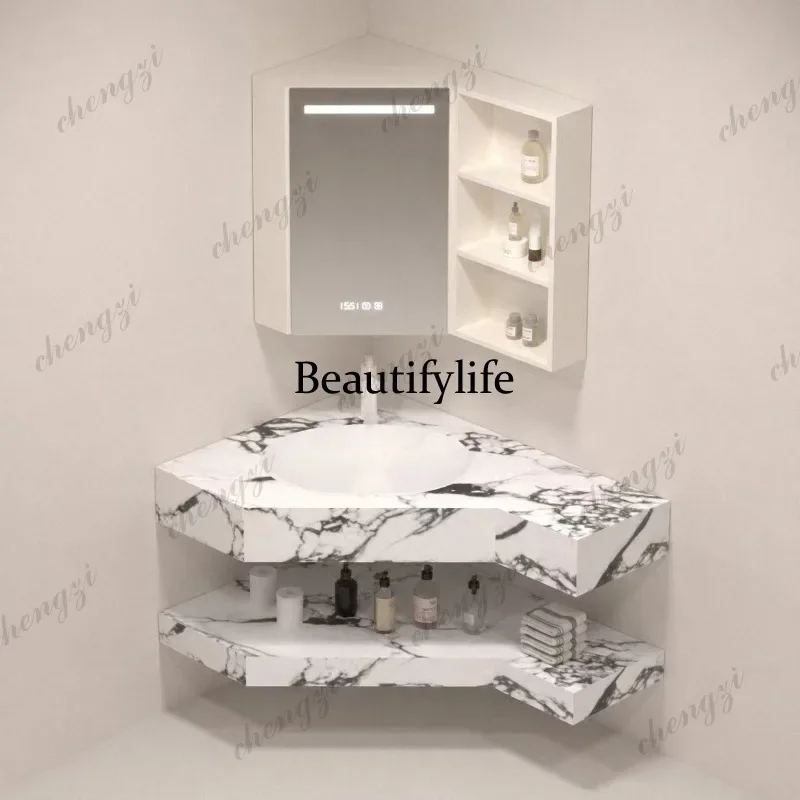 J Double-layer countertop rock slab ceramic basin bathroom cabinet small apartment triangular washbasin customization