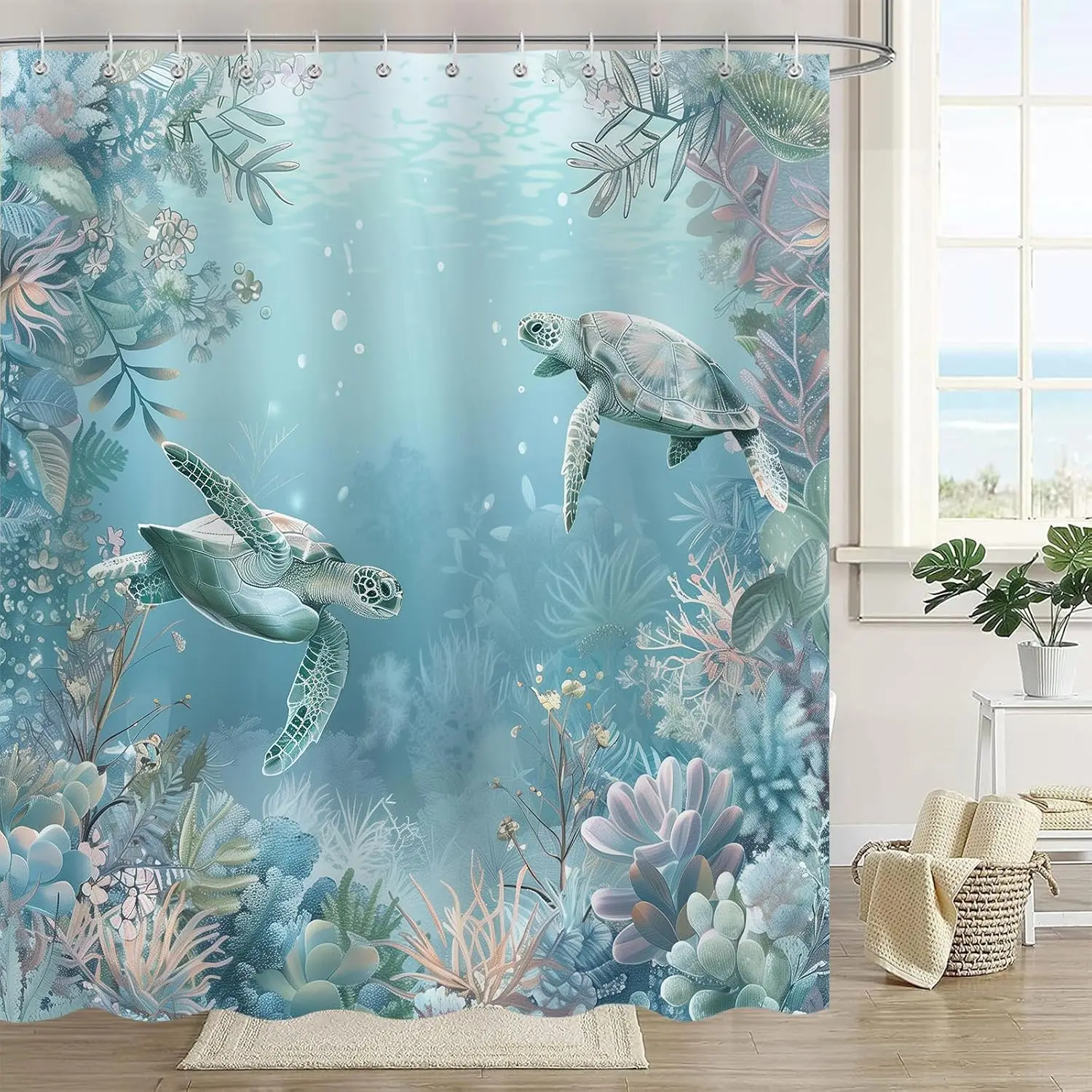 Waterproof Shower Curtain Liner Polyester Tropical Ocean Sea Turtle Coral Underwater Life Bathroom Decor Curtain for Modern Coas