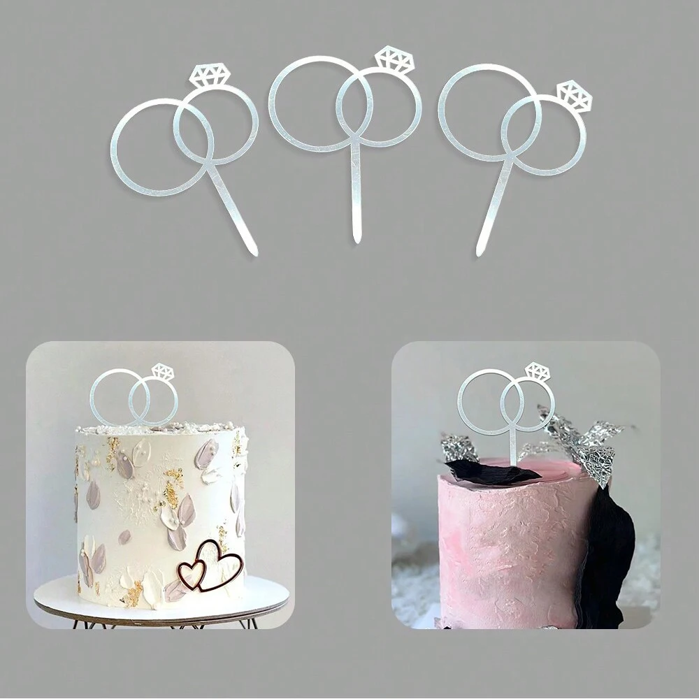 3 Stück/6 Stück Diamantring Hochzeitstorte Dekoration Acryl Topper Backen Partygeschenke Lieferungen Gold Silber Rose Schwarz – Detail 4