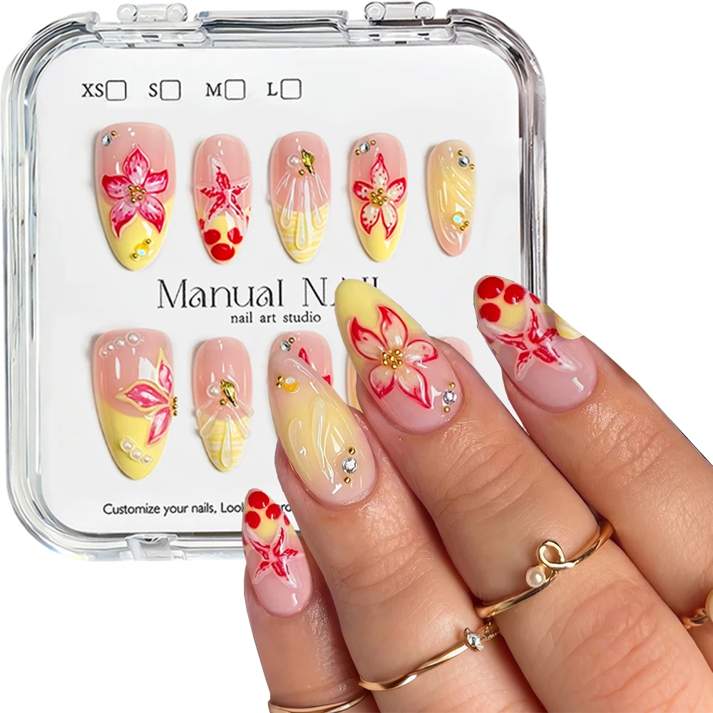 10pcs Yellow French 3D Rhinestones Shell Pearls False Nails Handmade Red Lily Summer Press On Nails Tropical Flowers Nail Tips