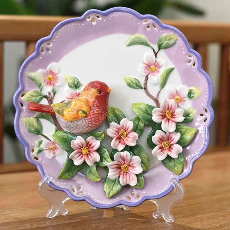 3D Red Rose Bird Decorative Wall Plate Porcelain Craft Plate Room Decor Figurine Home Decoration Accessories Bird-Themed Wall