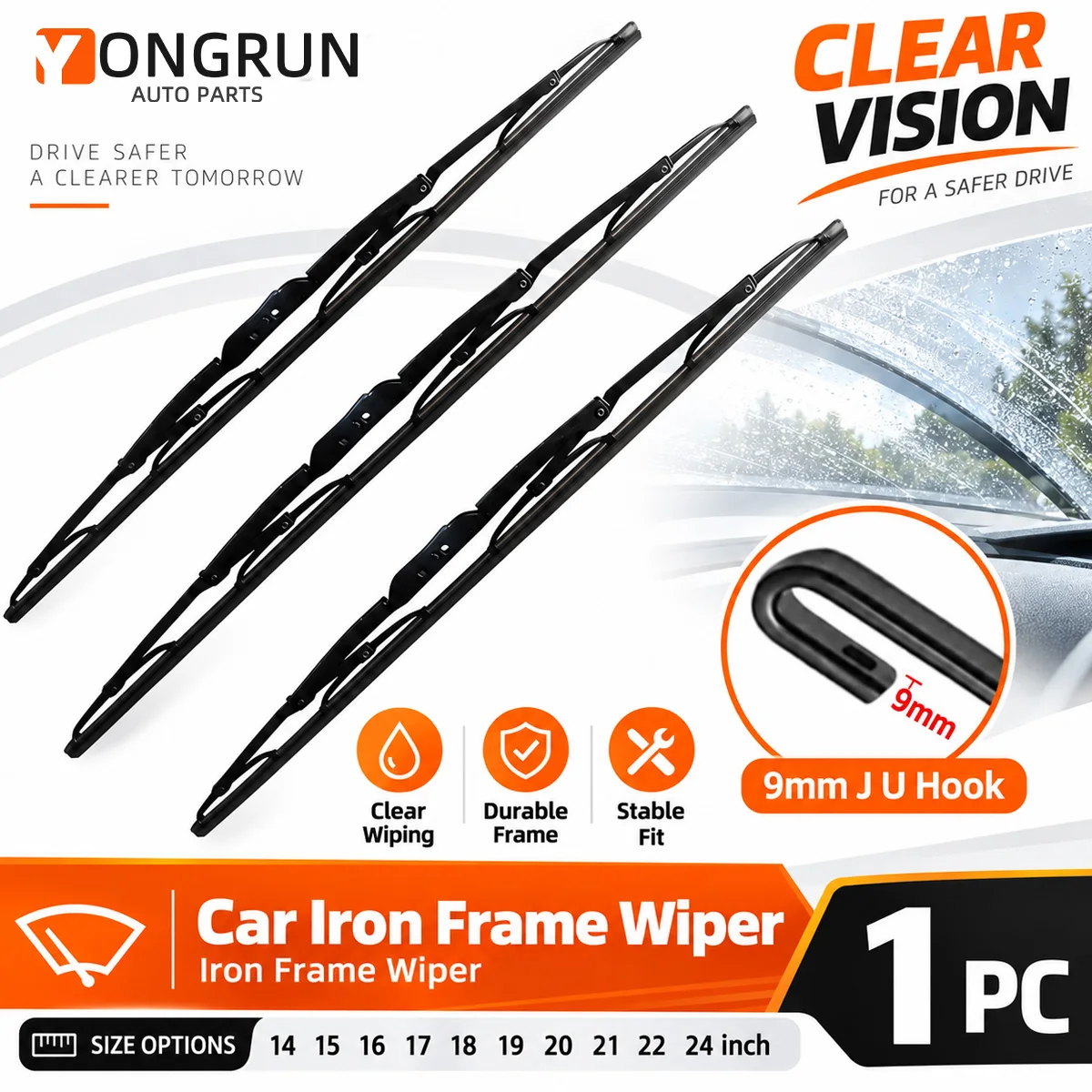 YONGRUN 9mm J Hook Wiper Blade Car Front Glass Wiper Iron Frame Universal Replacement Durable Rubber Blade For Vehicle Accessory