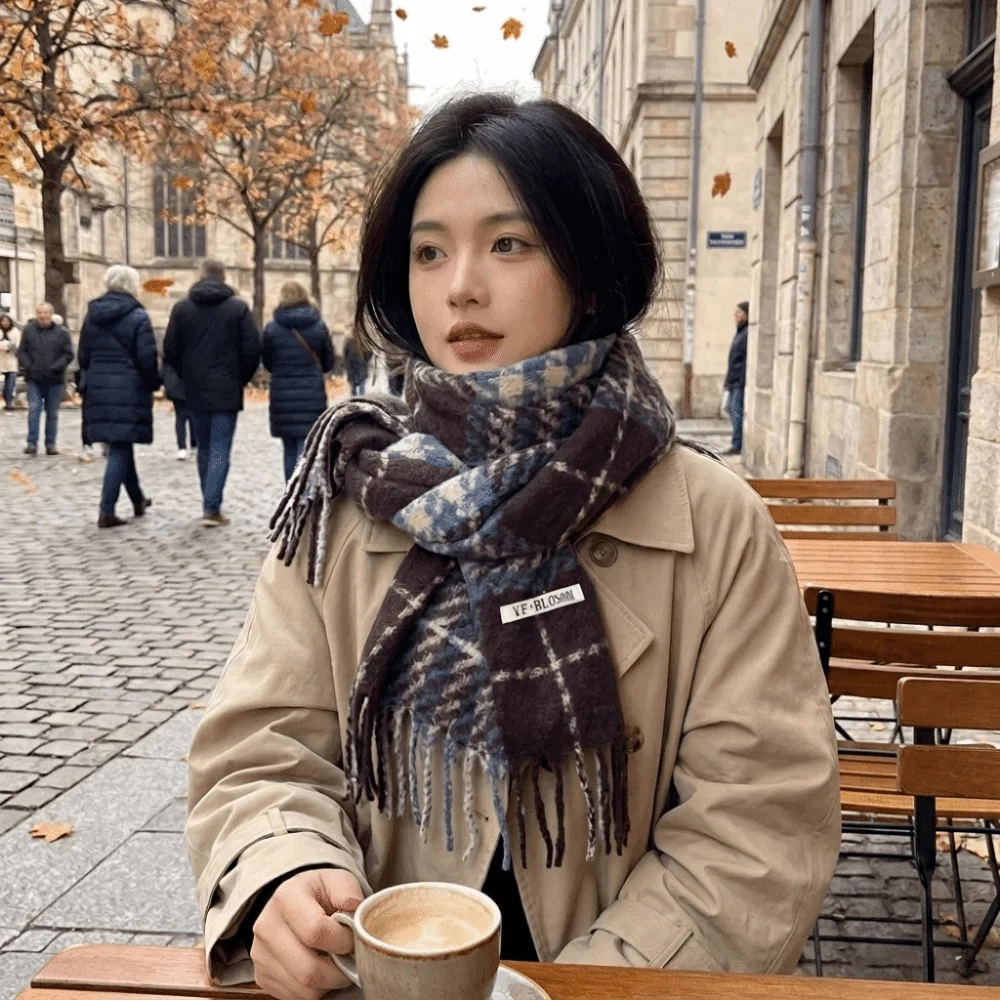 Polyester Fabric Plaid Faux Cashmere Scarf 200cm x 63cm Tassel Design Soft Warm Winter Scarf Versatile Shawl Wrap Daily Wear