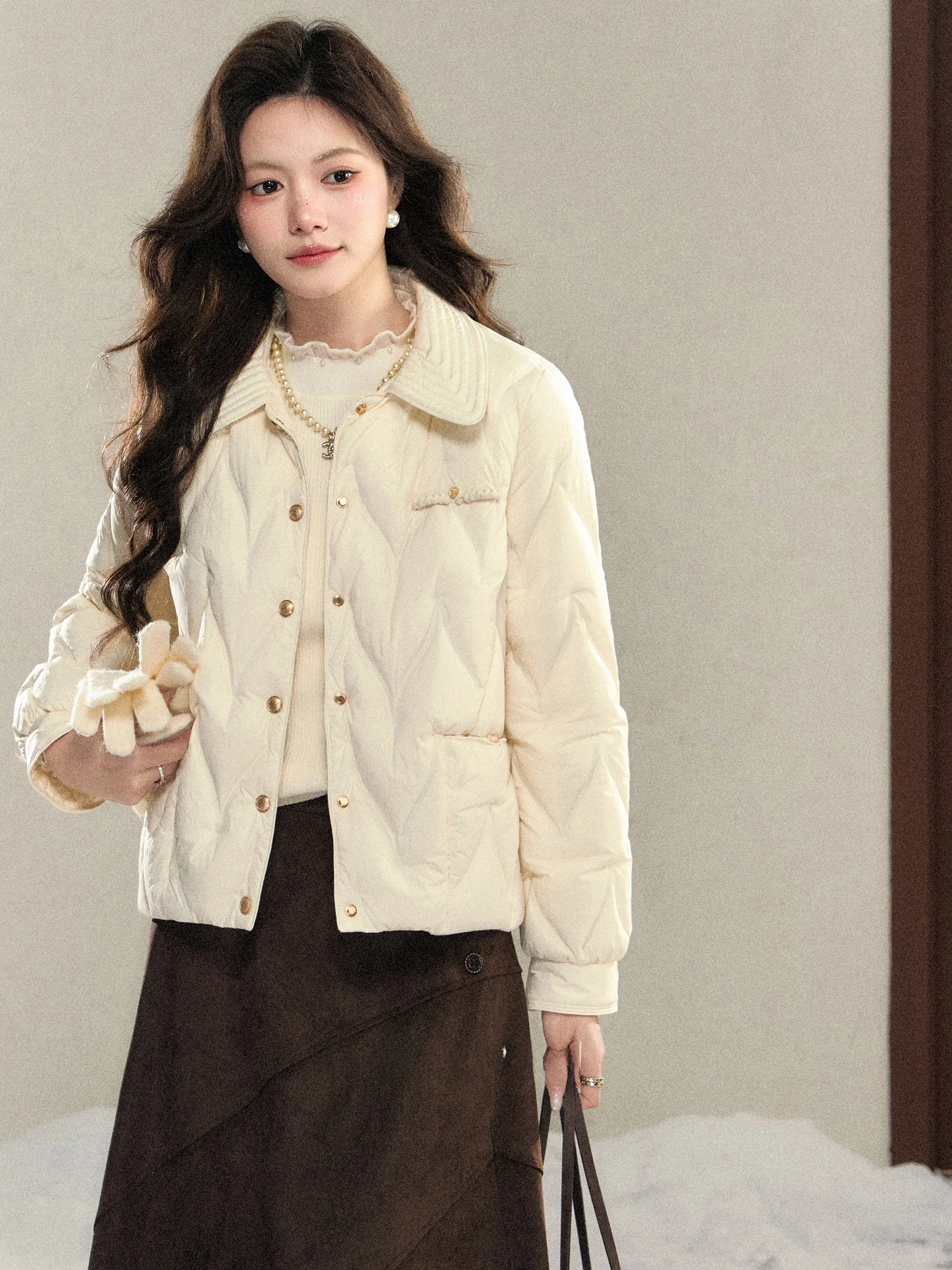 

South Deer Elegance Wind 90 White Du down Lightweight Padded Jaet Women's Winter Quilted ort Coat Casual Sle Pure Color