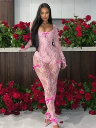 Sexy Long Sleeve See-through Lace Jumpsuits for Women 2024 Fall Hollow Out One Piece Bowknot Bodysuits  Pink Overalls Streetwear