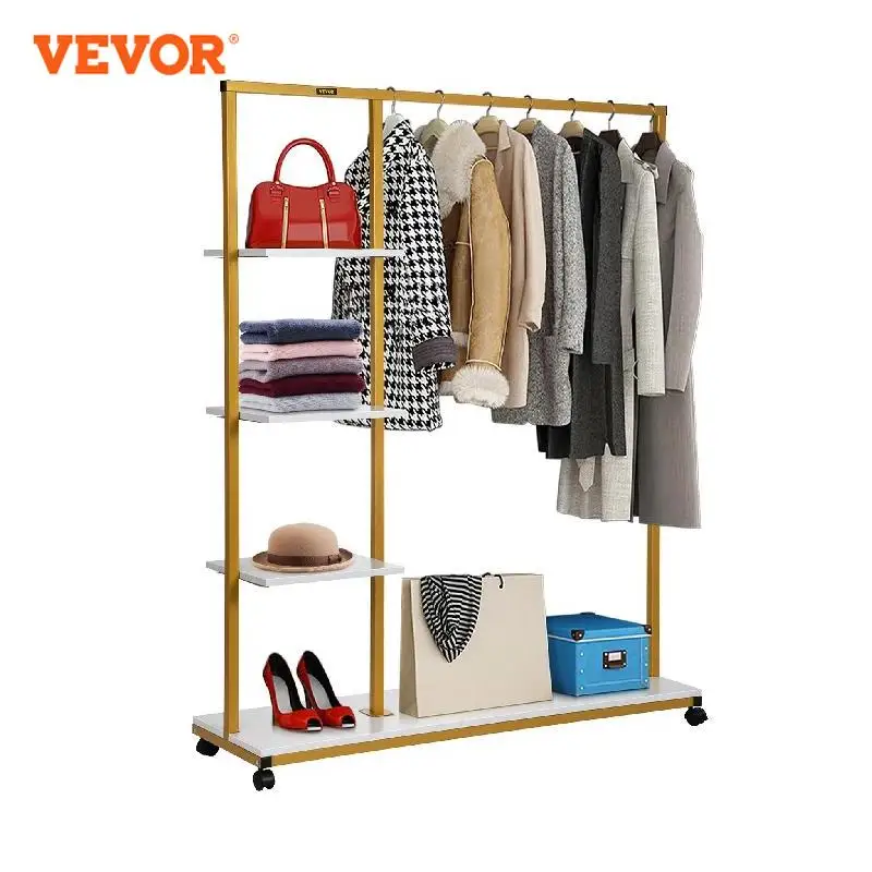 VEVOR Clothing Garment Gold Color Rack Heavy-duty Clothes Bottom Shelf & 3 Side Shelves 4 Casters Rolling Clothes for Laundry