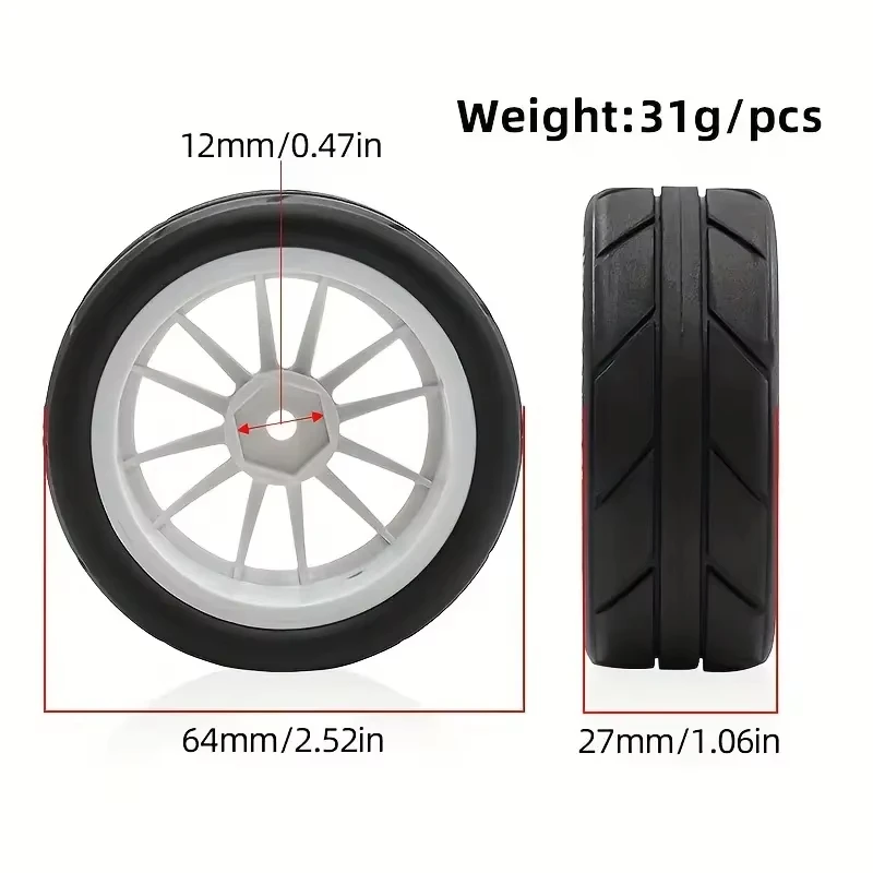 4PCS 65mm RC Racing Tires & Wheels 12mm Hex, for Tamiya TT01/TT02/XV01, HPI WR8, HSP 1/10-1/14, High-Grip Durable Upgrade Set