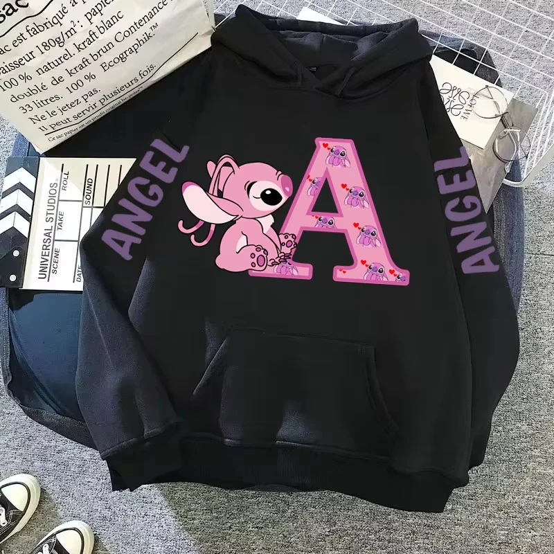 

2025 Women's Winter Jacket Cute Kawaii Disney Lilo & Stitch Lucky Letter Print Black Hoodie Fashion Couple Streetwear Sportswear