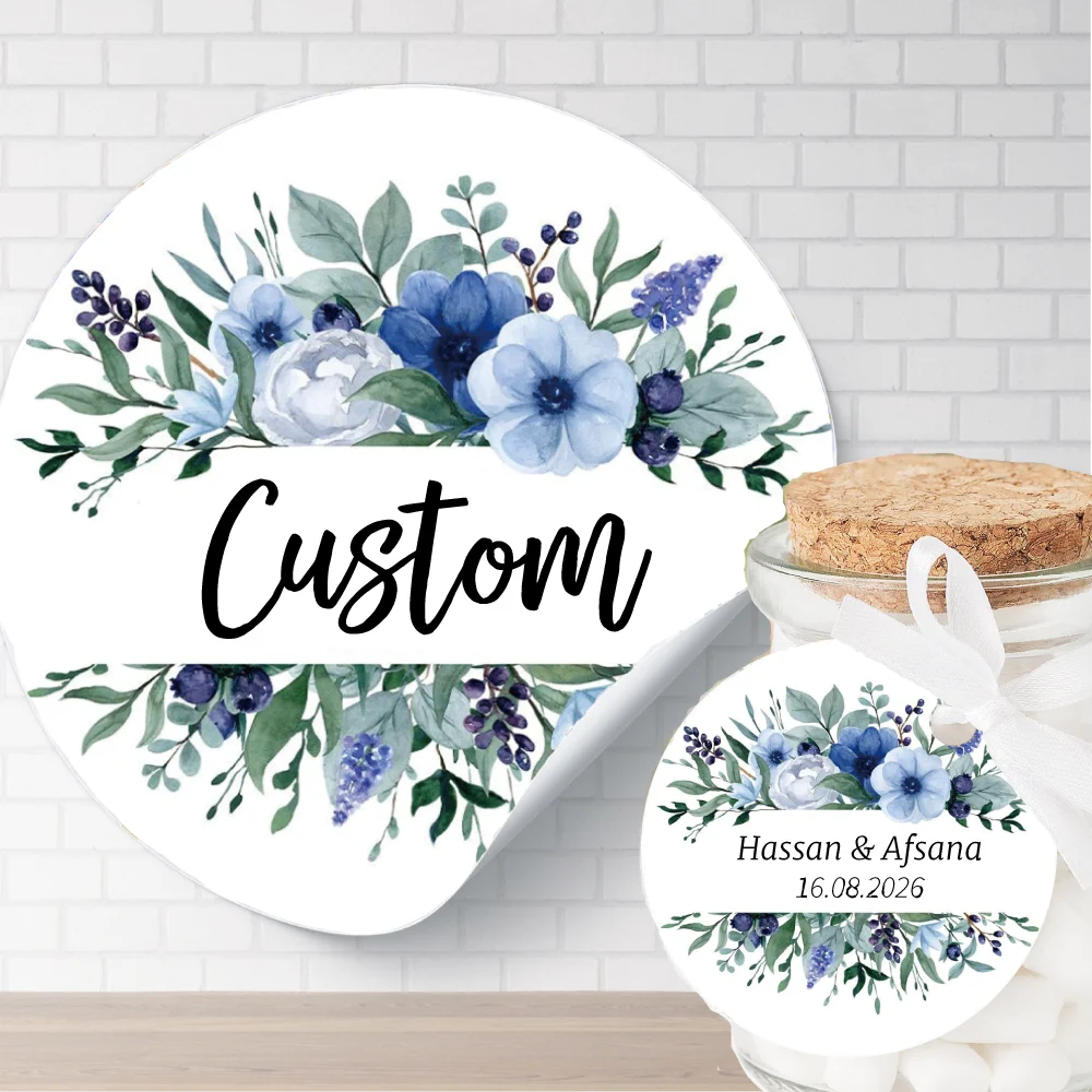 Blue Floral Custom Stickers, Favor Gift Tags, Your Text, Wedding, Birthday, Baby Shower, Event Decor, Invitation Seals