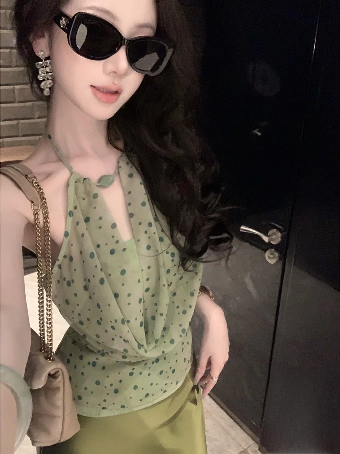 Syqiao Mint Liqueur Elegant Green Polka Dot Hanging Neck Bridesmaid Women's Top Short Style Polyester Fiber Summer Fashion