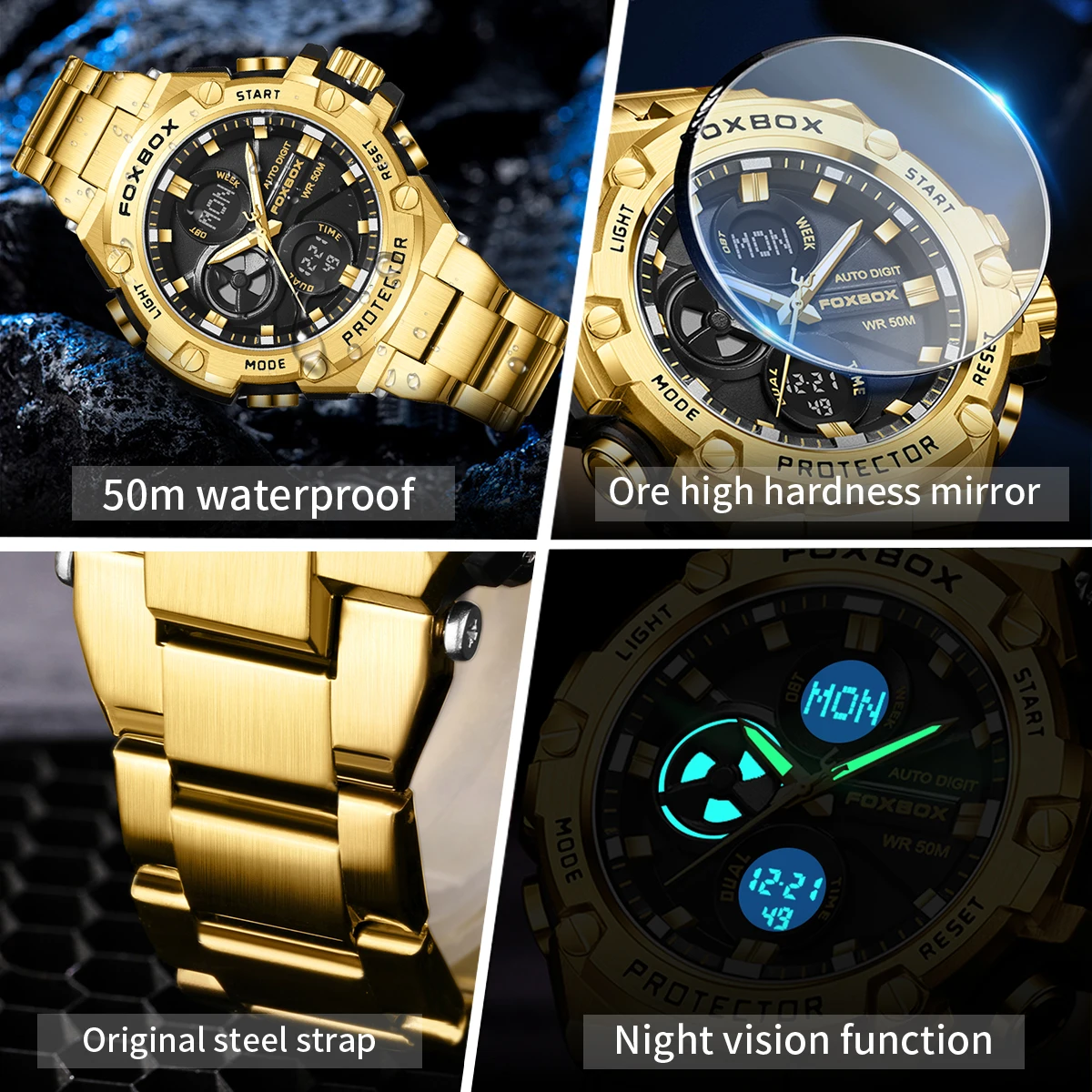 FOXBOX Fashion  Mens Watches Top Brand Luxury Waterproof Sports Quartz Watch For Men Business Military Chronograph Wristwatch