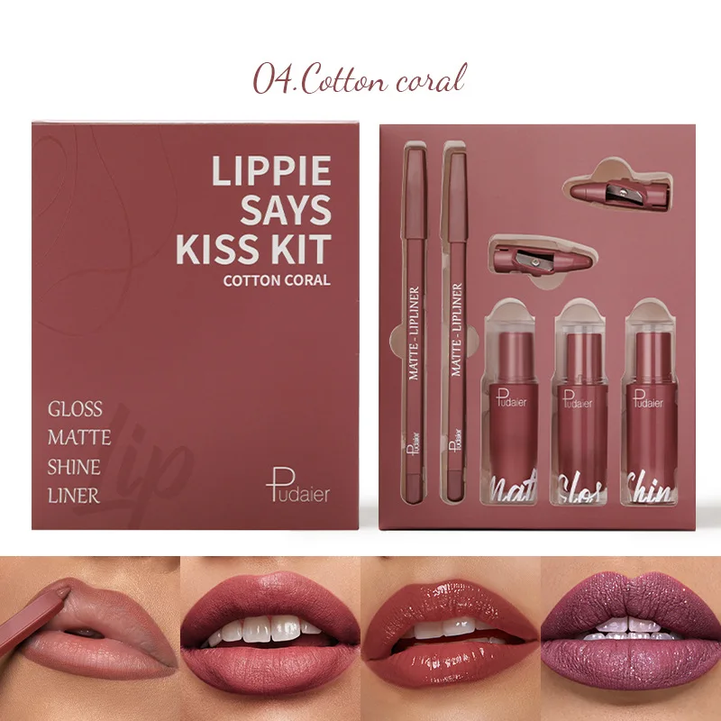 2 lip liner 3 lip glaze lip set matte water pearl long-lasting waterproof non-stick cup lipstick five-piece gift box